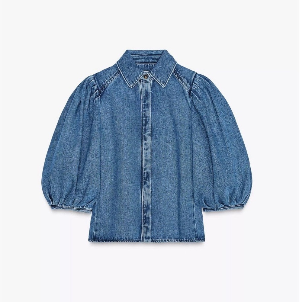 Zara Blue Denim Puff Sleeve Button-Up Blouse